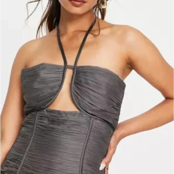 ASOS DESIGN Halter Neck Ruched‎ Mini Dress with Ruffle Trim in Gray - Picture 3 of 8